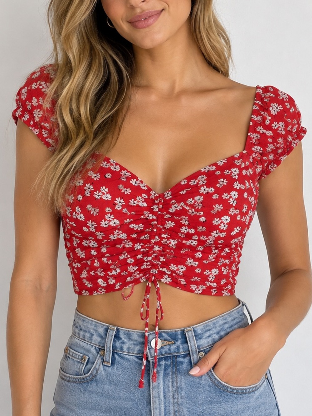 Zara Red Floral Ruched Crop Top Sweetheart Puff Sleeve Size Small